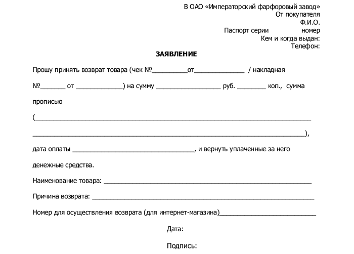 Письмо о возврате товара поставщику