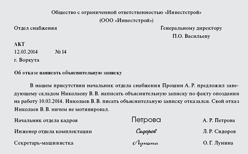 Образец акт о нарушении должностных обязанностей образец